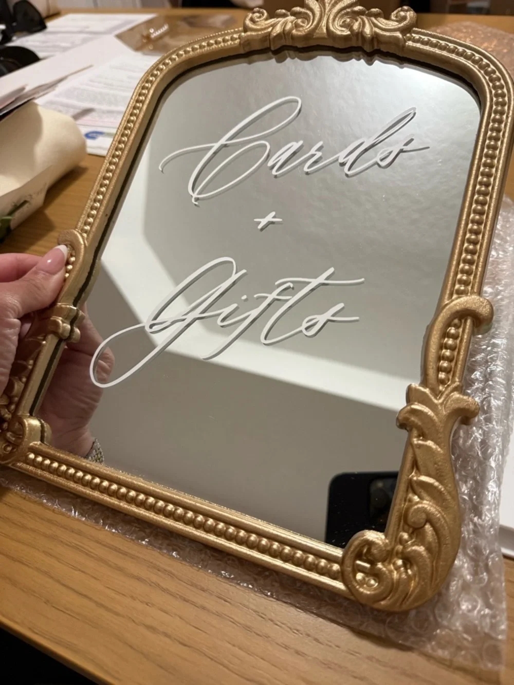 Gold Ornate 'Cards + Gifts' Mirror Sign